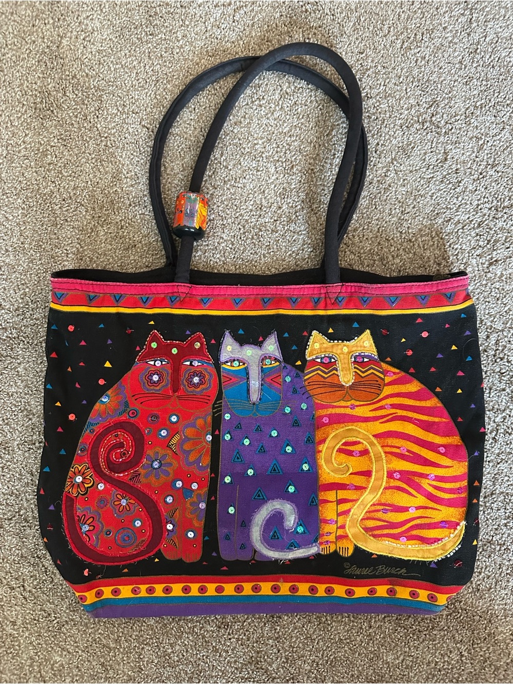 Bright Three-Cat Embroidered Tote Bag - Black with Red/Purple/Yellow Cats